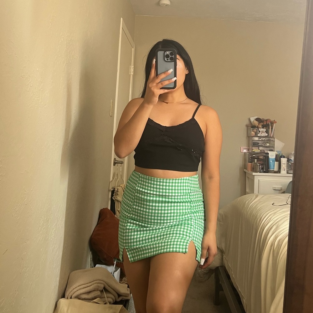 Green plaid mini skirt